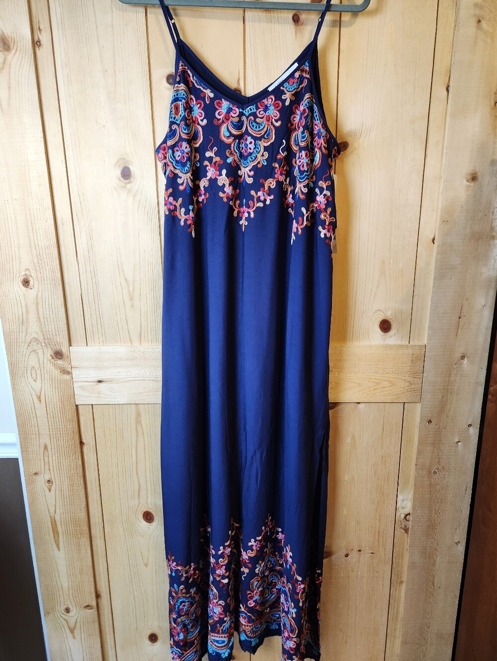 Karen Kane Sea Glass II Embroidered Navy Single Side Slit Semi-Lined Maxi Dress